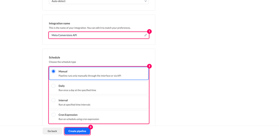 Integration name field and the schedule type selection with Manual checked