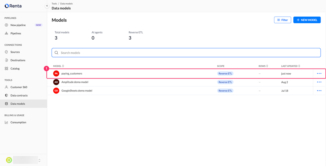 Список Data models с новой моделью и бейджем scope