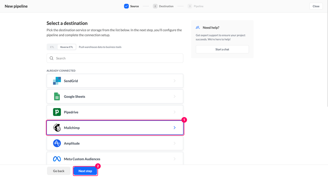 Select a destination step with Mailchimp listed under Already connected
