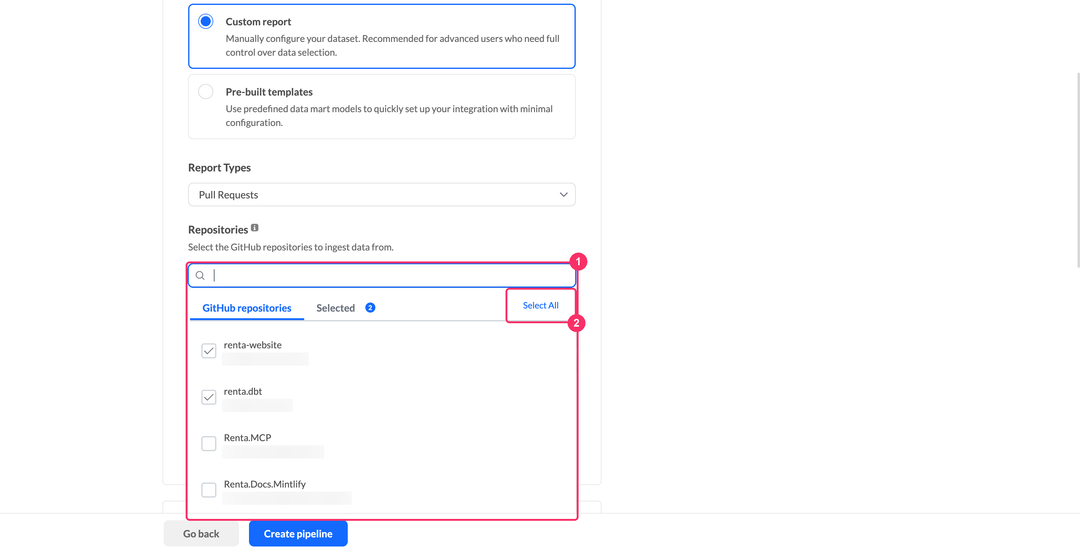 Выбор репозиториев GitHub со вкладками GitHub repositories и Selected и кнопкой Select All