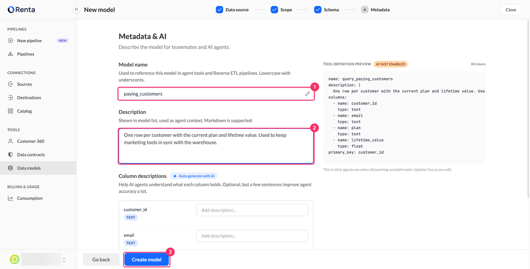 Шаг Metadata с именем модели, описанием и превью tool definition