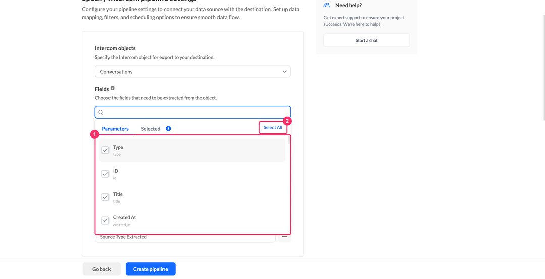 Intercom fields picker with the Parameters and Selected tabs and the Select All button