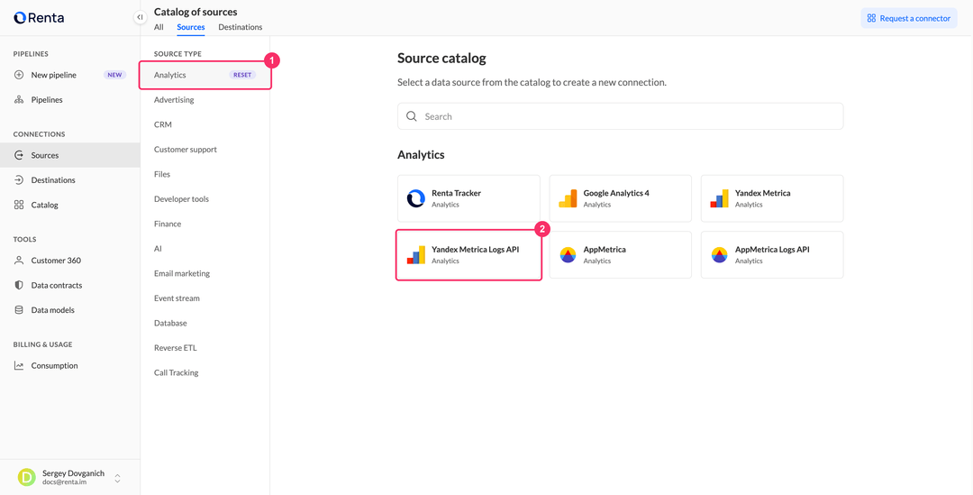 Карточка Yandex Metrica Logs API в категории Analytics каталога Renta