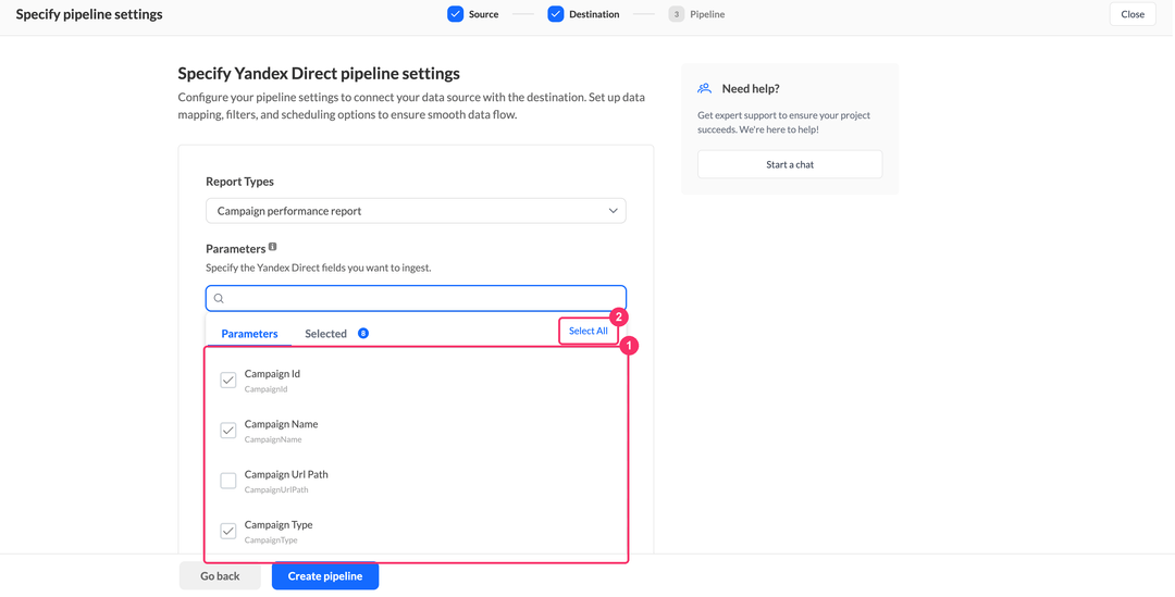 Выбор параметров Yandex Direct со вкладками Parameters и Selected и кнопкой Select All