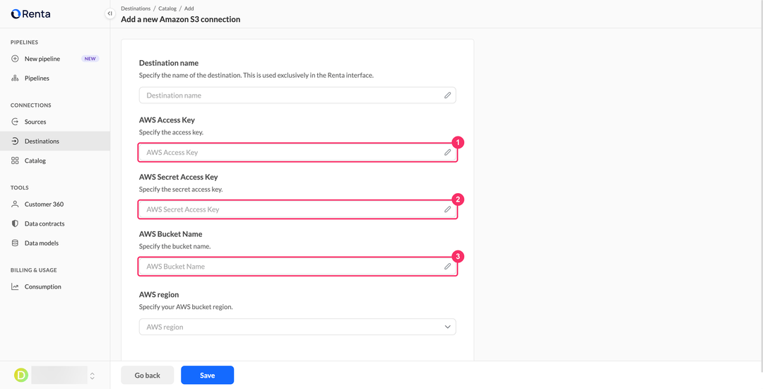 Add a new Amazon S3 connection page with the access key, secret access key, and bucket name fields