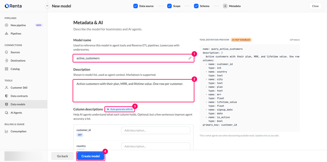 Шаг Metadata с именем модели, описанием, кнопкой Auto-generate with AI и превью определения инструмента