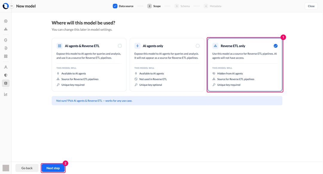Шаг Scope с выбранной карточкой Reverse ETL only