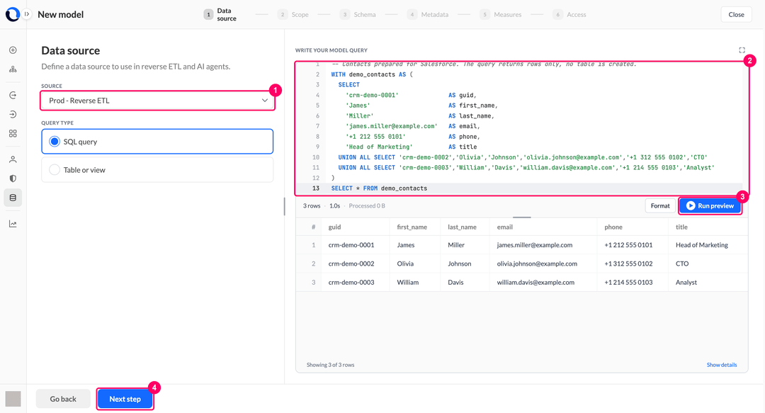 Шаг Data source с подключением хранилища, SQL-редактором, кнопкой Run preview и строками предпросмотра