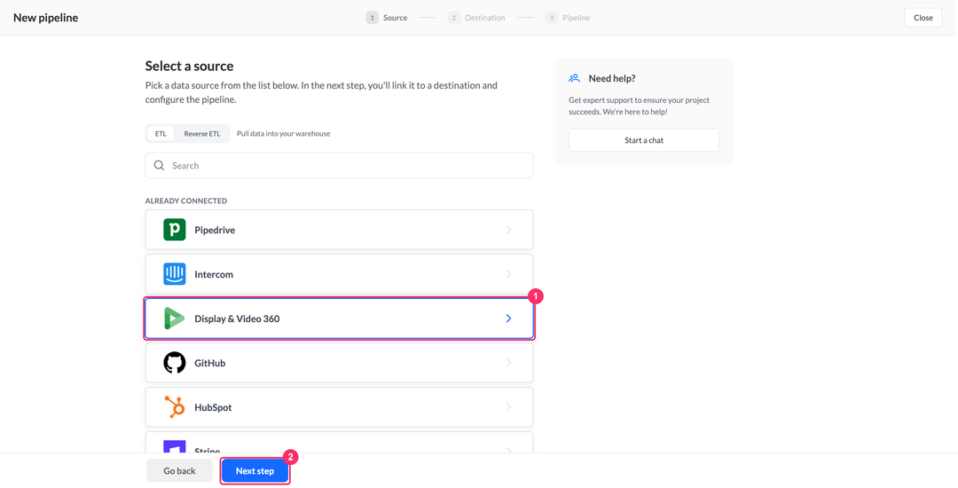 Select a source step of the pipeline wizard with Display & Video 360 under Already connected