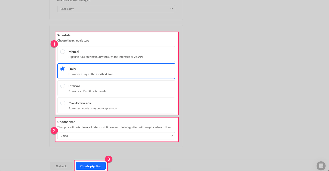 Facebook Lead Ads schedule type and update time with the Create pipeline button