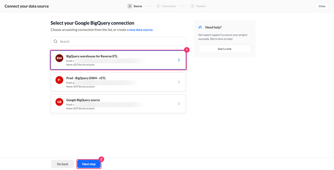 Шаг выбора подключения Google BigQuery в мастере reverse-ETL пайплайна
