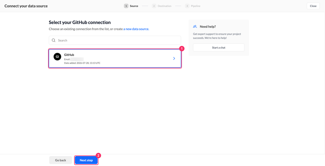 Шаг выбора подключения GitHub с карточкой подключения и датой добавления