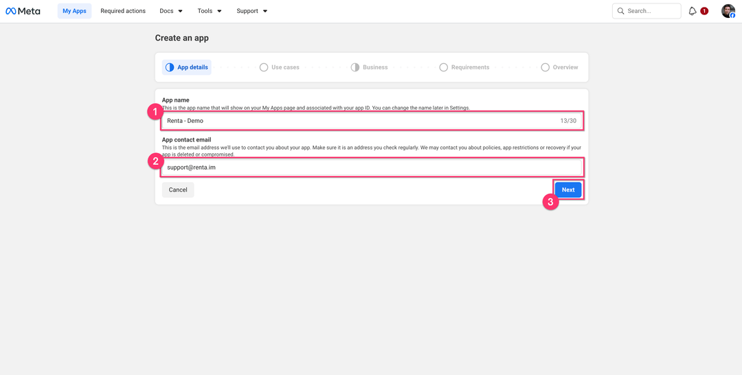 Create an app App details step with name and contact email