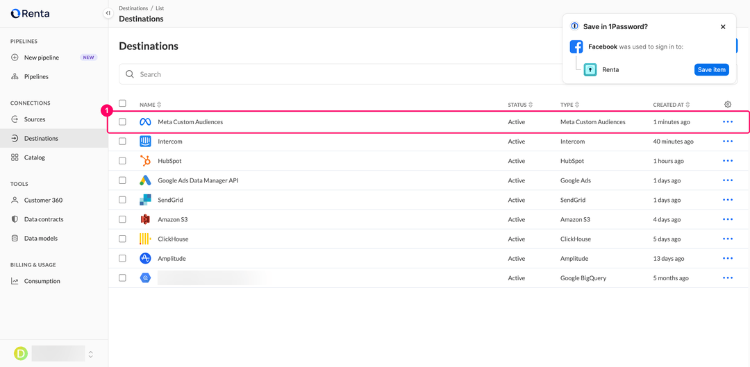 Destinations list with the new Meta Custom Audiences destination in Active status