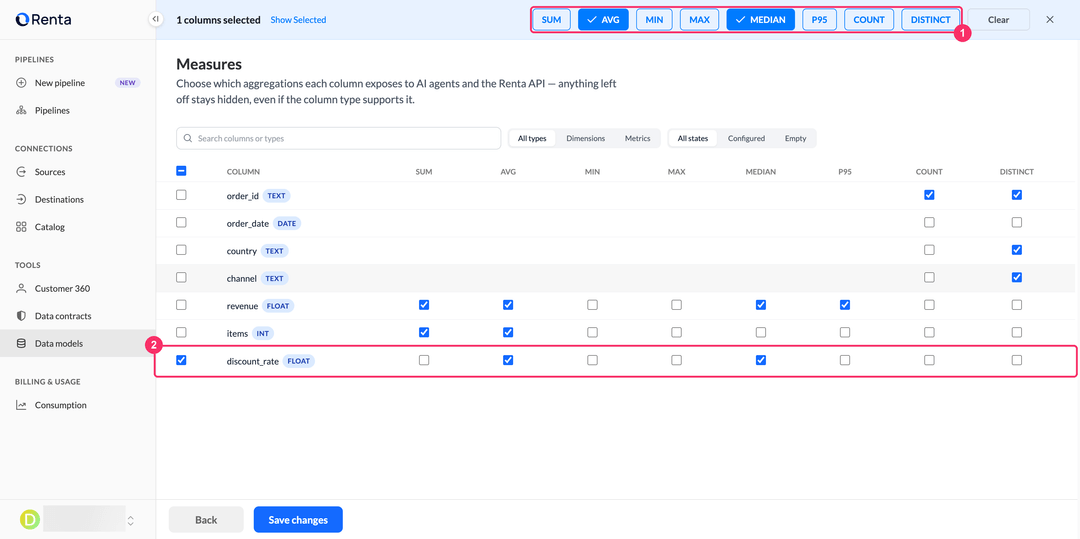Measures tab with a selected column and the aggregation chips in the header bar