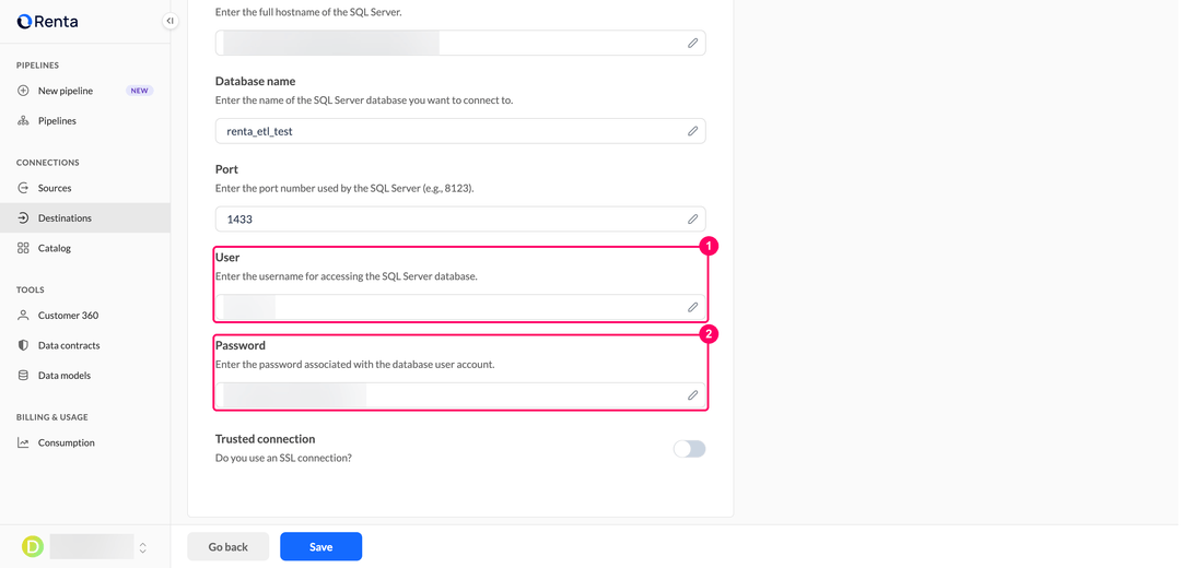 Поля User и Password на странице добавления подключения SQL Server