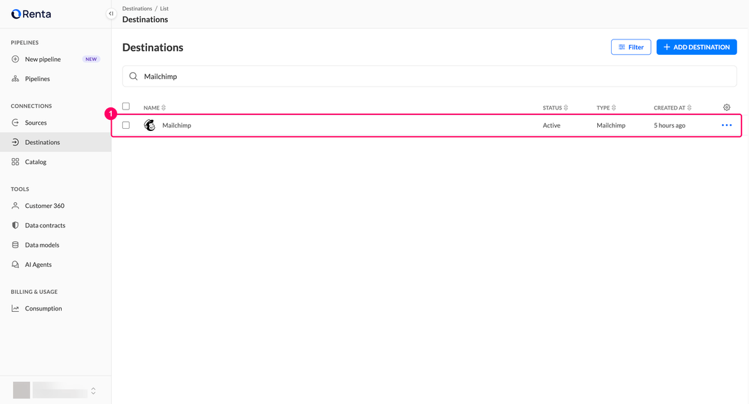 Destinations list with the new Mailchimp destination in Active status