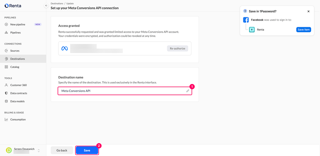 Set up your Meta Conversions API connection page with the destination name field