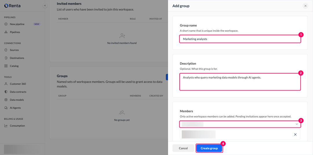 Add group panel with the group name, description, and a selected member