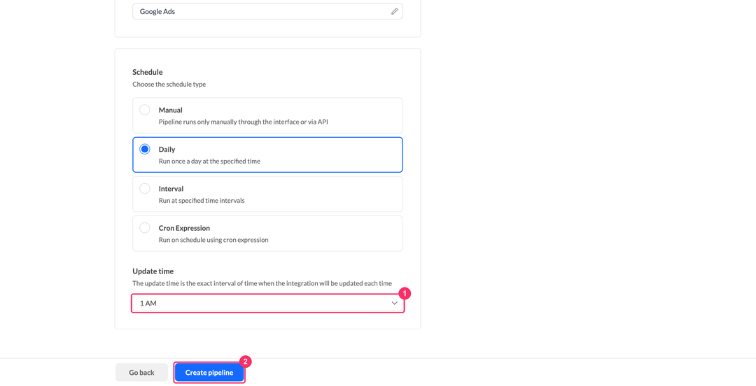 Выбор времени обновления и кнопка Create pipeline