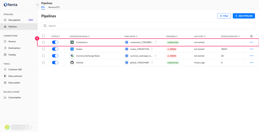 Pipelines list with the new Customer.io integration in the Completed status