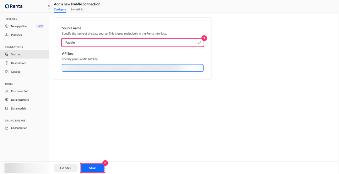 Paddle connection setup with the source name filled in and the Save button