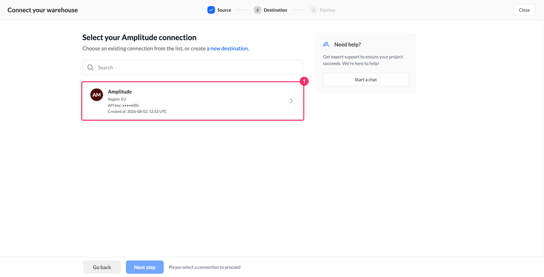 Select your Amplitude connection step with the region and the masked API key on the card
