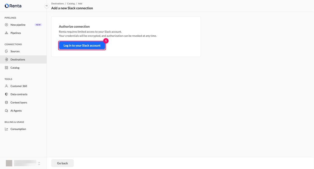 Authorize connection page with the Log in to your Slack account button