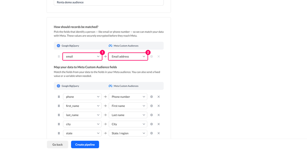 Record matching block with the source column on the left and the Meta identifier on the right