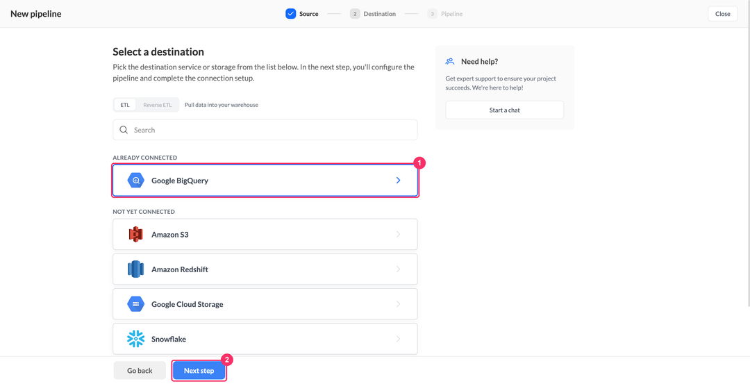 Select a destination step with Google BigQuery under Already connected