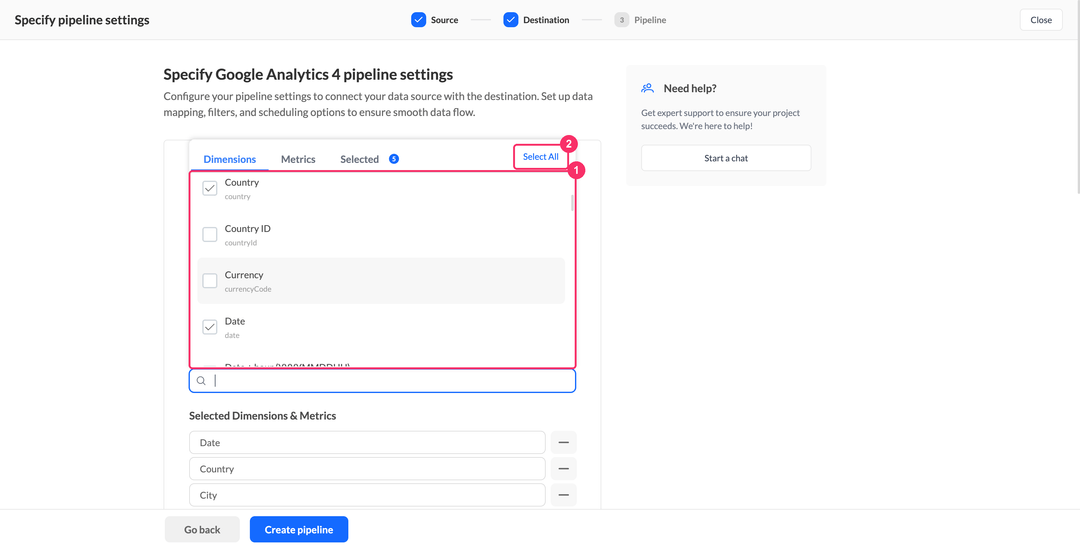 Выбор измерений Google Analytics 4 с кнопкой Select All