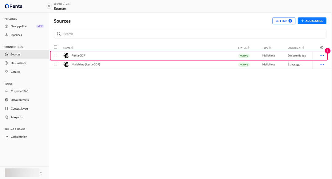 Sources list with the new Mailchimp source in the Active status
